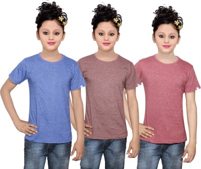 

IndiWeaves Girls Solid Cotton T Shirt(Multicolor, Pack of 3, Brown