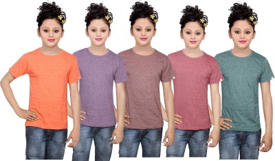 

IndiWeaves Girls Solid Cotton T Shirt(Multicolor, Pack of 5, Brown;green;orange;purple