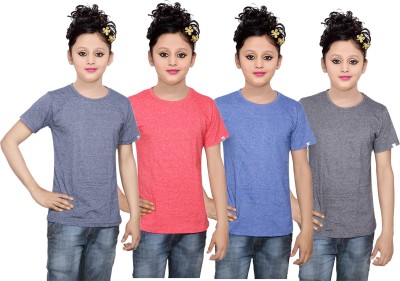 

IndiWeaves Girls Solid Cotton T Shirt(Multicolor, Pack of 4, Black;blue;red