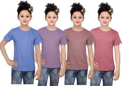 

IndiWeaves Girls Solid Cotton T Shirt(Multicolor, Pack of 4, Blue;brown;purple
