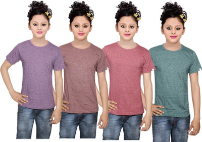 

IndiWeaves Girls Solid Cotton T Shirt(Multicolor, Pack of 4, Brown;green;purple