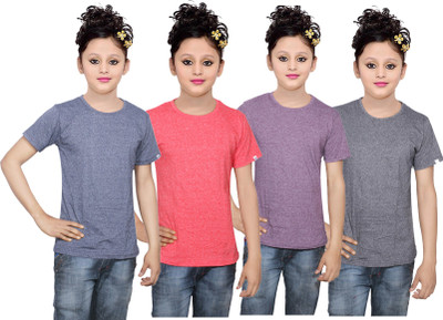 

IndiWeaves Girls Solid Cotton T Shirt(Multicolor, Pack of 4, Black;blue;purple;red