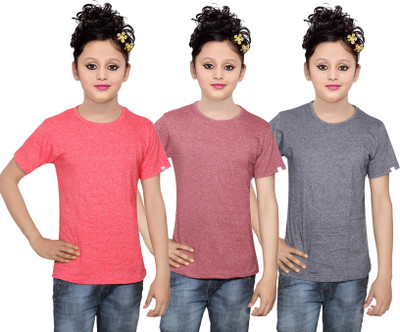 

IndiWeaves Girls Solid Cotton T Shirt(Multicolor, Pack of 3, Grey