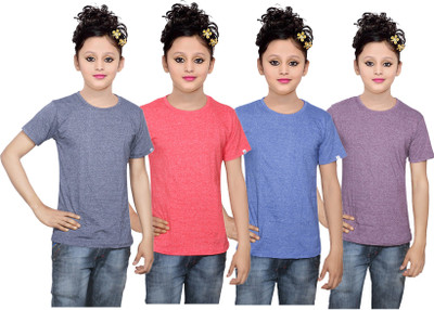 

IndiWeaves Girls Solid Cotton T Shirt(Multicolor, Pack of 4, Blue;purple;red