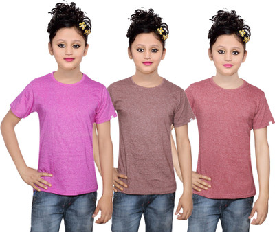 

IndiWeaves Girls Solid Cotton T Shirt(Multicolor, Pack of 3, Brown
