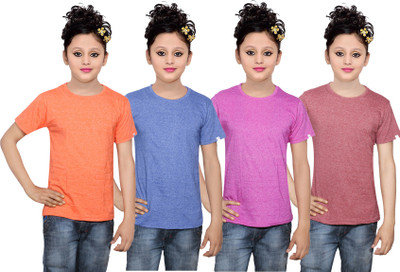 

IndiWeaves Girls Solid Cotton T Shirt(Multicolor, Pack of 4, Blue;brown;orange;pink