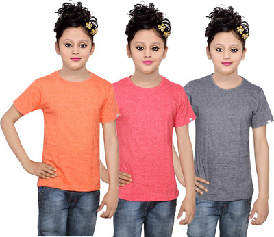

IndiWeaves Girls Solid Cotton T Shirt(Multicolor, Pack of 3, Grey