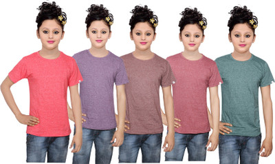

IndiWeaves Girls Solid Cotton T Shirt(Multicolor, Pack of 5, Brown;green;purple;red