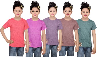 

IndiWeaves Girls Solid Cotton T Shirt(Multicolor, Pack of 5, Brown;green;pink;purple;red