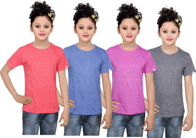

IndiWeaves Girls Solid Cotton T Shirt(Multicolor, Pack of 4, Black;blue;pink;red