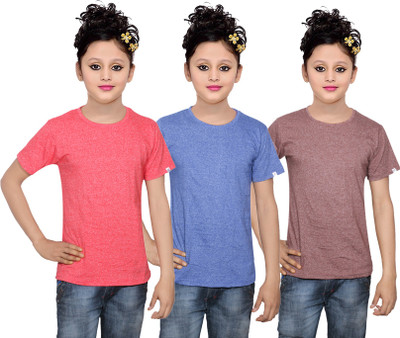 

IndiWeaves Girls Solid Cotton T Shirt(Multicolor, Pack of 3, Brown