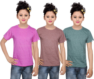 

IndiWeaves Girls Solid Cotton T Shirt(Multicolor, Pack of 3, Green