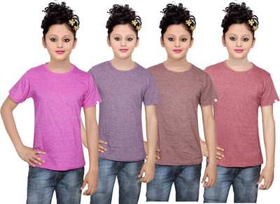 

IndiWeaves Girls Solid Cotton T Shirt(Multicolor, Pack of 4, Brown;pink;purple