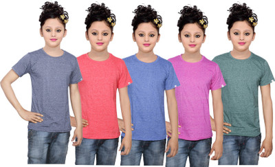 

IndiWeaves Girls Solid Cotton T Shirt(Multicolor, Pack of 5, Blue;green;pink;red