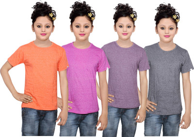 

IndiWeaves Girls Solid Cotton T Shirt(Multicolor, Pack of 4, Black;orange;pink;purple