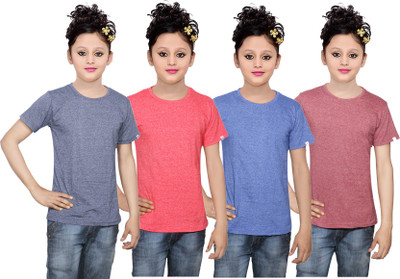 

IndiWeaves Girls Solid Cotton T Shirt(Multicolor, Pack of 4, Blue;brown;red