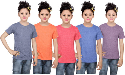 

IndiWeaves Girls Solid Cotton T Shirt(Multicolor, Pack of 5, Blue;orange;purple;red