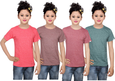 

IndiWeaves Girls Solid Cotton T Shirt(Multicolor, Pack of 4, Brown;green;red