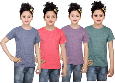 

IndiWeaves Girls Solid Cotton T Shirt(Multicolor, Pack of 4, Blue;green;purple;red