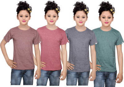 

IndiWeaves Girls Solid Cotton T Shirt(Multicolor, Pack of 4, Black;brown;green