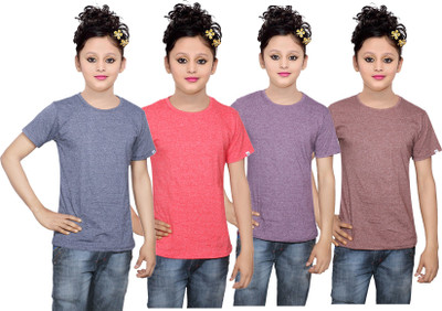 

IndiWeaves Girls Solid Cotton T Shirt(Multicolor, Pack of 4, Blue;brown;purple;red