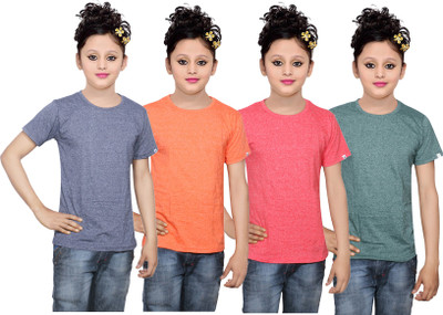 

IndiWeaves Girls Solid Cotton T Shirt(Multicolor, Pack of 4, Blue;green;orange;red