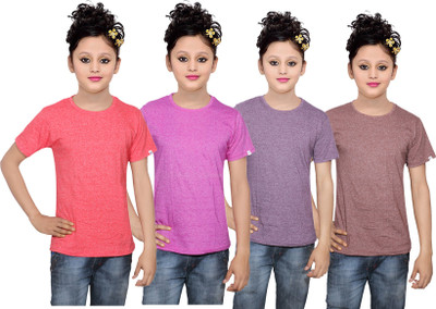 

IndiWeaves Girls Solid Cotton T Shirt(Multicolor, Pack of 4, Brown;pink;purple;red
