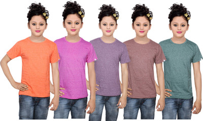 

IndiWeaves Girls Solid Cotton T Shirt(Multicolor, Pack of 5, Brown;green;orange;pink;purple