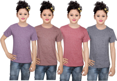 

IndiWeaves Girls Solid Cotton T Shirt(Multicolor, Pack of 4, Black;brown;purple