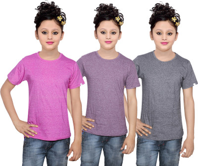 

IndiWeaves Girls Solid Cotton T Shirt(Multicolor, Pack of 3, Grey
