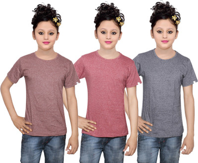 

IndiWeaves Girls Solid Cotton T Shirt(Multicolor, Pack of 3, Grey