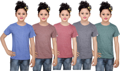 

IndiWeaves Girls Solid Cotton T Shirt(Multicolor, Pack of 5, Black;blue;brown;green