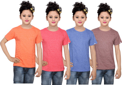 

IndiWeaves Girls Solid Cotton T Shirt(Multicolor, Pack of 4, Blue;brown;orange;red