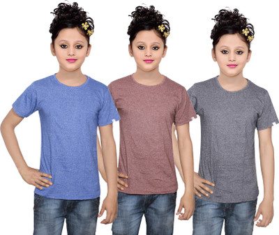 

IndiWeaves Girls Solid Cotton T Shirt(Multicolor, Pack of 3, Grey
