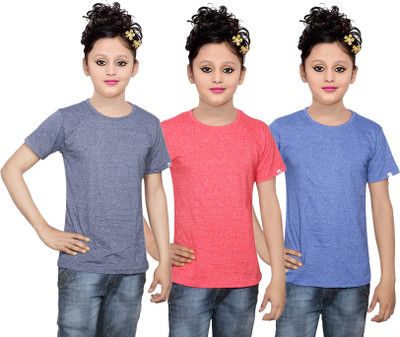 

IndiWeaves Girls Solid Cotton T Shirt(Multicolor, Pack of 3, Blue