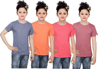 

IndiWeaves Girls Solid Cotton T Shirt(Multicolor, Pack of 4, Blue;brown;orange;red
