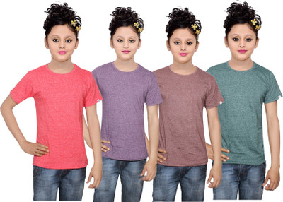 

IndiWeaves Girls Solid Cotton T Shirt(Multicolor, Pack of 4, Brown;green;purple;red