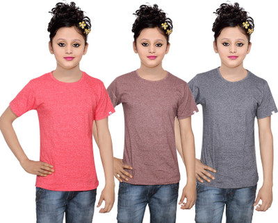 

IndiWeaves Girls Solid Cotton T Shirt(Multicolor, Pack of 3, Grey