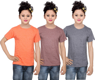 

IndiWeaves Girls Solid Cotton T Shirt(Multicolor, Pack of 3, Grey