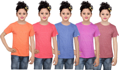 

IndiWeaves Girls Solid Cotton T Shirt(Multicolor, Pack of 5, Blue;brown;orange;pink;red