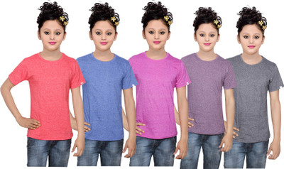 

IndiWeaves Girls Solid Cotton T Shirt(Multicolor, Pack of 5, Black;blue;pink;purple;red