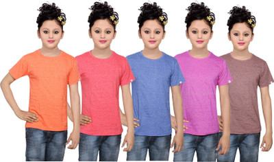 

IndiWeaves Girls Solid Cotton T Shirt(Multicolor, Pack of 5, Blue;brown;orange;pink;red