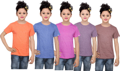 

IndiWeaves Girls Solid Cotton T Shirt(Multicolor, Pack of 5, Blue;brown;orange;pink;purple