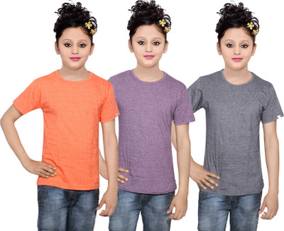 

IndiWeaves Girls Solid Cotton T Shirt(Multicolor, Pack of 3, Grey