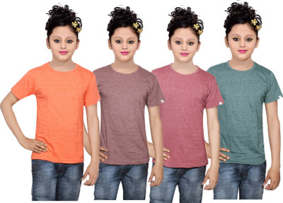 

IndiWeaves Girls Solid Cotton T Shirt(Multicolor, Pack of 4, Brown;green;orange