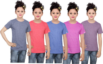 

IndiWeaves Girls Solid Cotton T Shirt(Multicolor, Pack of 5, Blue;pink;purple;red