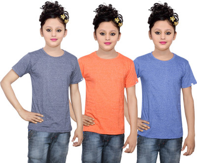 

IndiWeaves Girls Solid Cotton T Shirt(Multicolor, Pack of 3, Blue