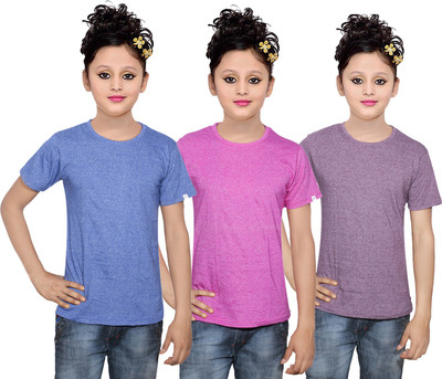 

IndiWeaves Girls Solid Cotton T Shirt(Multicolor, Pack of 3, Purple