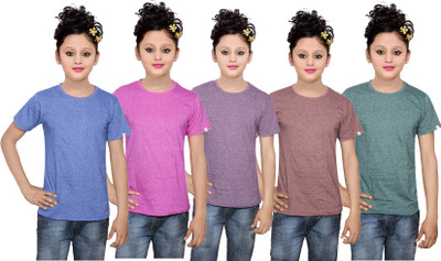 

IndiWeaves Girls Solid Cotton T Shirt(Multicolor, Pack of 5, Blue;brown;green;pink;purple