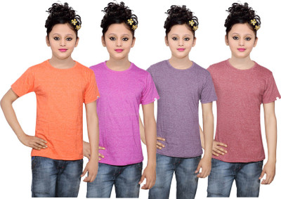 

IndiWeaves Girls Solid Cotton T Shirt(Multicolor, Pack of 4, Brown;orange;pink;purple